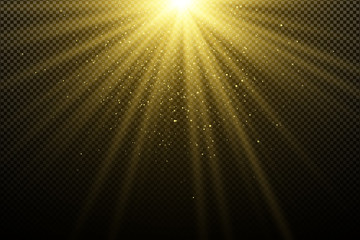 Golden light effect on a dark transparent background. Glares bokeh. Golden magical rays. Bright explosion. Sunlight. Christmas light. Vector illustration