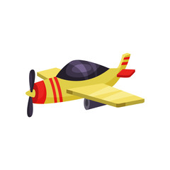 Obraz na płótnie Canvas Bright yellow plane with propeller. Cartoon air vehicle. Flat vector element for sticker, mobile game or children book