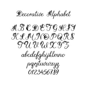 Vector Calligraphy Alphabet. Exclusive Floral Letters. Decorative handwritten brush font for: Wedding Monogram, Logo, Invitation. Wedding floral font isolated on white background