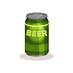 Beer in bright green aluminium can. Popular alcoholic beverage. Flat vector for advertising poster or banner