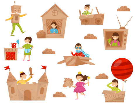 Flat Vector Set Of Happy Little Kids In Action. Children Playing In Cardboard Castle, House, Plane And Air Balloon