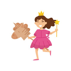 Flat vector illustration of happy little girl in princess dress and crown on head. Child playing with cardboard horse and magic stick