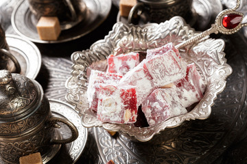 Turkish delight on a wooden table.