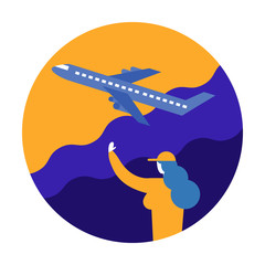 Woman wave goodbye with airplane. Cargo and shipping concept. flat character design vector illustration
