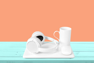 New headphones and laptop on the table