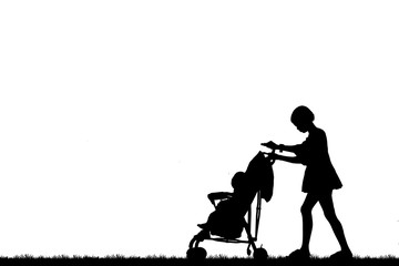Fototapeta na wymiar silhouette of a family in a wheelchair on white background
