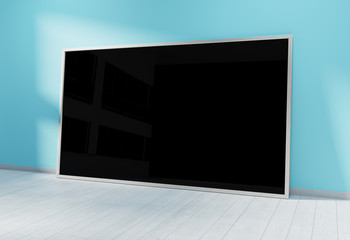 Large horizontal frame leaning on a blue wall 3D rendering