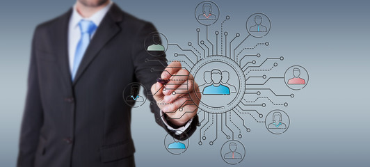 Businessman drawing thin line social network icons interface