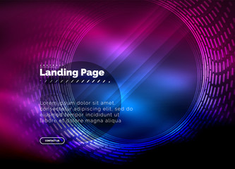 Neon glowing techno lines, hi-tech futuristic abstract background template with circles, landing page template