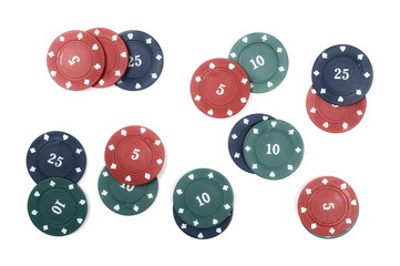 Casino poker chips isolated on white background, top view