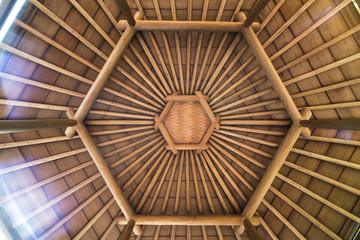 Hexagonal shape of a wicker and bamboo roof bottom of the gazebo roof located on the Mejiro Garden Lake.
