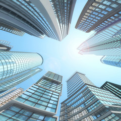 Vertical view of modern skyscrapers in business district against blue sky. 3d illustration