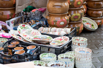 Traditional Romanian painted clay pots used for Easter meals. Decorations and ornaments on bowl....