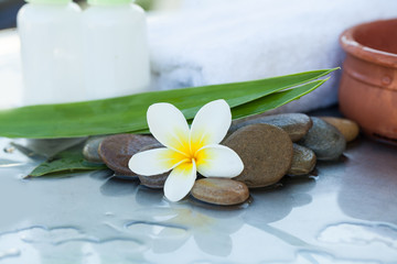 Obraz na płótnie Canvas wellness setting with tropical flower, bowl of water, towel and two cream tube for body