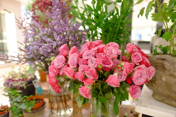 Romantic Flower bouquet arrangement with hot pink rose and purple Gypsophila