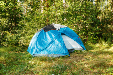 Blue camping tent in the forest in bright sunny day