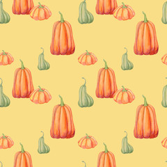 seamless pattern, watercolor illustration, holiday halloween, red gourd, pumpkin . Drawing for packaging, wallpaper, backgrounds
