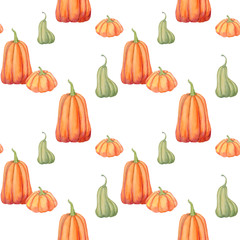 seamless pattern, watercolor illustration, holiday halloween, red gourd, pumpkin . Drawing for packaging, wallpaper, backgrounds