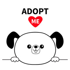 Adopt me. Dont buy. Dog head face. Hands paw holding line. Pet adoption. Help homeless animal. Funny baby pooch. Cute cartoon puppy character. Flat design. White background