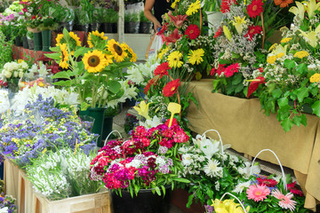 Flower market with variety of flowers.