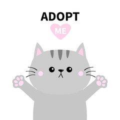 Adopt me. Dont buy. Gray cat silhouette. Hand hug. Paw print Pink heart. Pet adoption. Cute cartoon kitty character. Funny baby kitten. Help homeless animal Flat design. White background