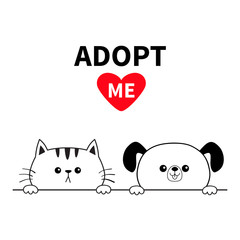 Adopt me Dog Cat face head. Hands paw holding line. Pet adoption. Help homeless animal Cute cartoon puppy kitten character. Funny baby set. Flat design. White background