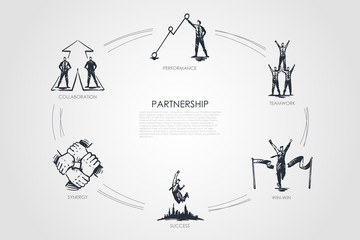 Partnership - teamwork, win-win, collaboration, performance, synergy set concept.