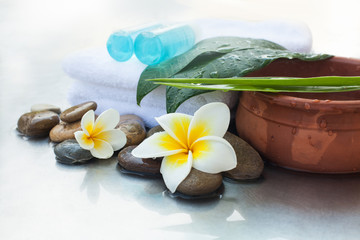 Spa or wellness setting with tropical flowers, bowl of water, towel and cream tubes and sunlight