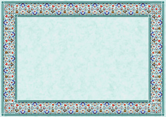 card with traditional indian/arabic floral ornament frame over polished marble/turquoise surface, size A4 - 219916202