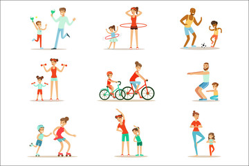 Fototapeta na wymiar Parent And Child Doing Sportive Exercises And Sport Training Together Having Fun Set Of Scenes