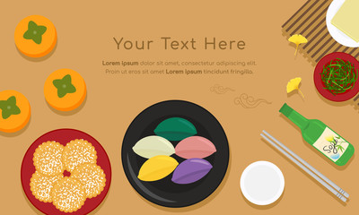 Korean traditional food for Thanksgiving Day(Chuseok or Hangawi), Set of Persimmons, songpyeon(rice cake), side dishes and soju bottle. vector illustration.