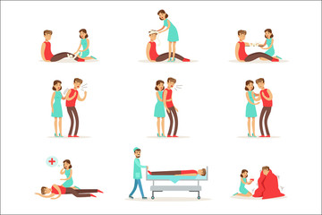 Fototapeta na wymiar Woman Following Firs Aid Primary And Secondary Emergency Treatment Procedures Collection Of Infographic Illustrations