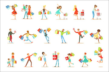 Fototapeta na wymiar Shopaholic People Happy And Excited Running With Paper Shopping Bags Smiling Carton Characters Collection