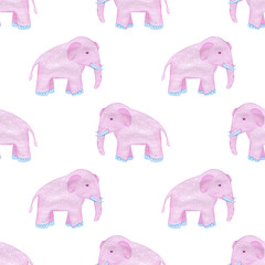 Cute seamless children's pattern with cartoon elephants. Pink mammals on a white background. Handmade. Vintage print for textiles.