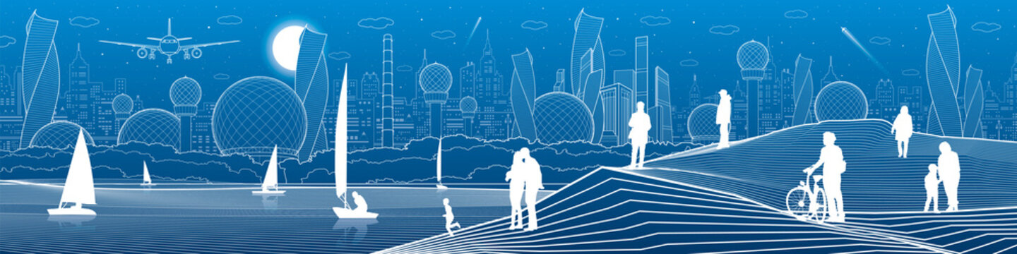 City infrastructure illustration. Yachts sail on the sea. People walking at shore. Modern city. Urban Panoramic. White lines on blue background. Vector design art