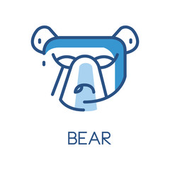 Bear logo design, blue label, badge or emblem with head of bear animal vector Illustration on a white background