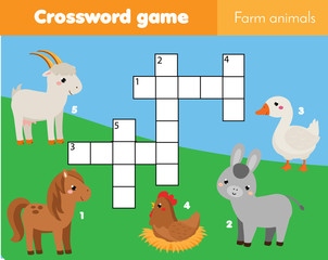 Farm animals crossword for kids. Educational children game. Learning vocabulary