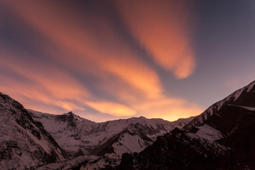 Pink sunset in the mountains, Nepal, Himalaya, Tilicho Base Camp