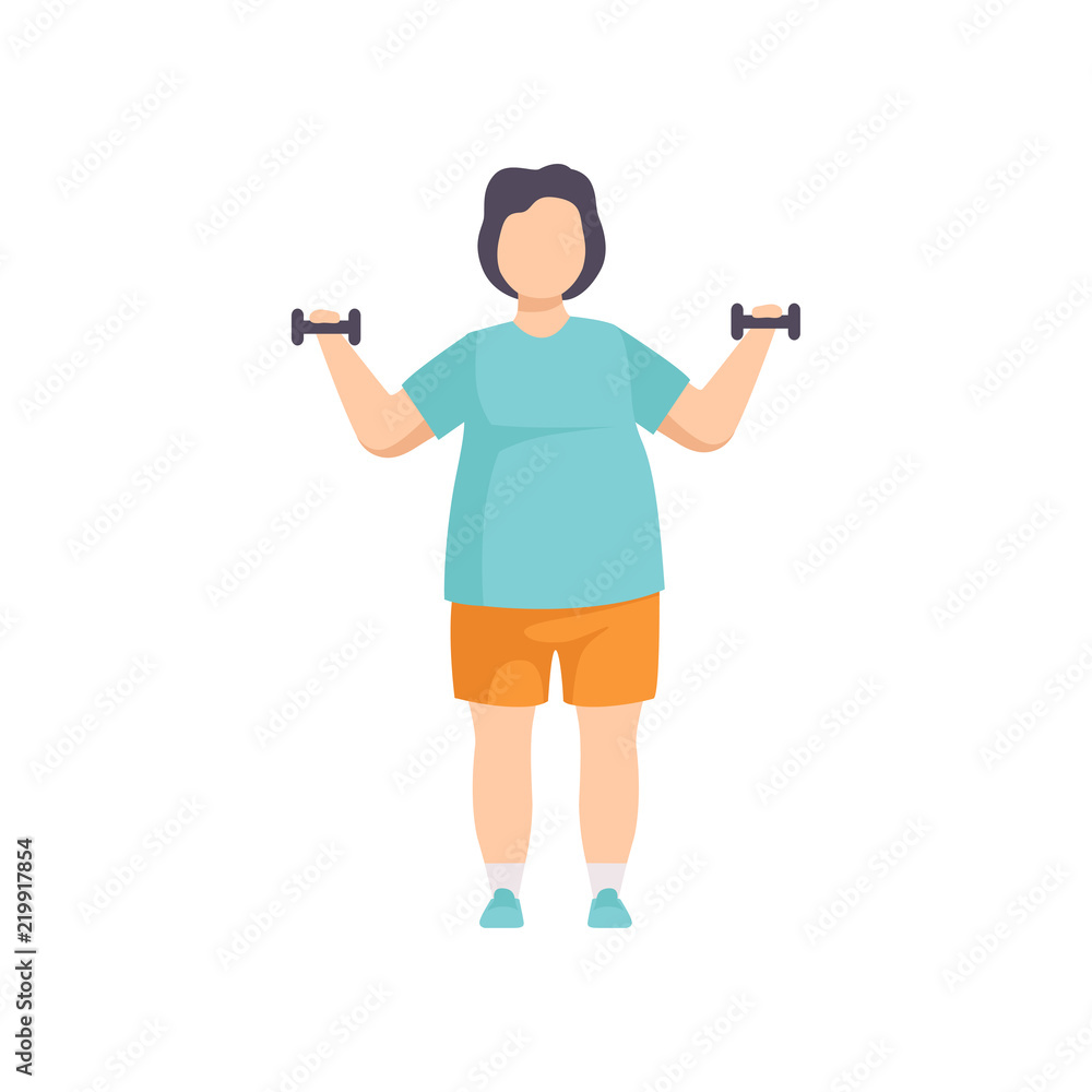 Sticker Young fat man exercising with dumbbells, obesity man wearing sports uniform doing fitness exercise, weight loss program concept vector Illustration on a white background