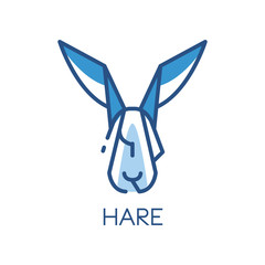 Hare logo design, blue label, badge or emblem with head of rabbit animal vector Illustration on a white background