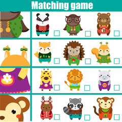 Matching game. Educational children activity with cute animals. Learning whole and parts