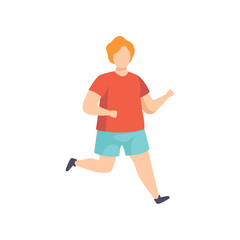 Young fat man running, obesity man wearing sports uniform doing fitness exercise, weight loss program concept vector Illustration on a white background