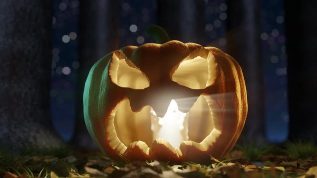 Schrecklich leuchtender Halloween K&uuml;rbis im dunkeln Wald. Animation 