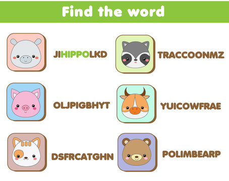 Educational game for children. Word search puzzle kids activity. Learning vocabulary animals theme