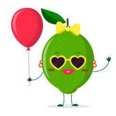 Cute lime cartoon character sunglasses hearts, bow and earrings. Holds a red air balloon.