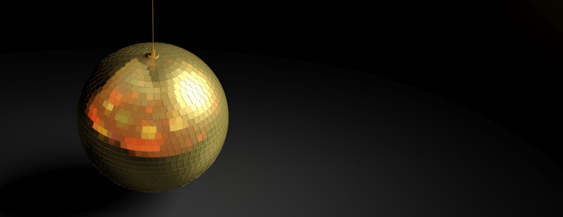 Gold mirror disco ball isolated in a black background, banner, copy space. 3d illustration