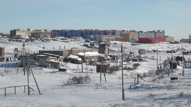 Snow abandoned city Coal Mines on Chukotka of far north of Russia. Way to ghost town Gudym. Unique place for stalkers.