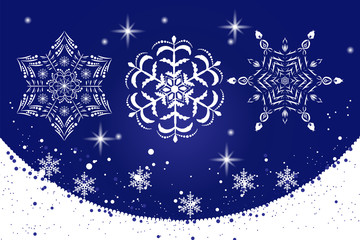 White delicate snowflakes on a blue background collection