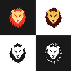 Lion head logo design templates. Isolated graphic elements set for the brand identity. Vector illustration on the white and black backgrounds.