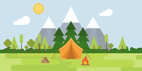 summer camp concept Landscape, tent , mountain, tree,  bonfire, fire wood and forest, flat design